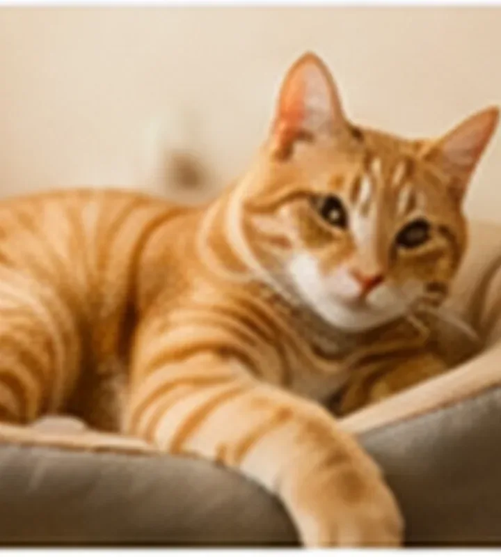 Relaxed indoor cat in a cozy home with toys nearby