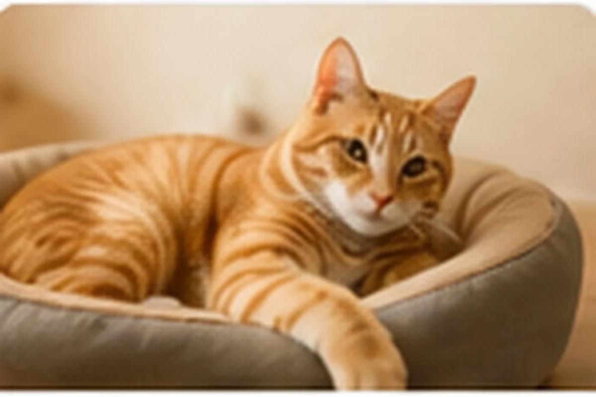 Relaxed indoor cat in a cozy home with toys nearby