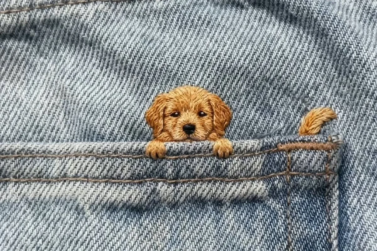 tiny puppy in a jeans pocket