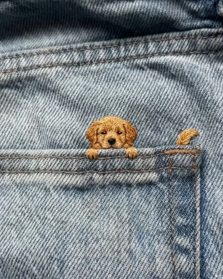 tiny puppy in a jeans pocket