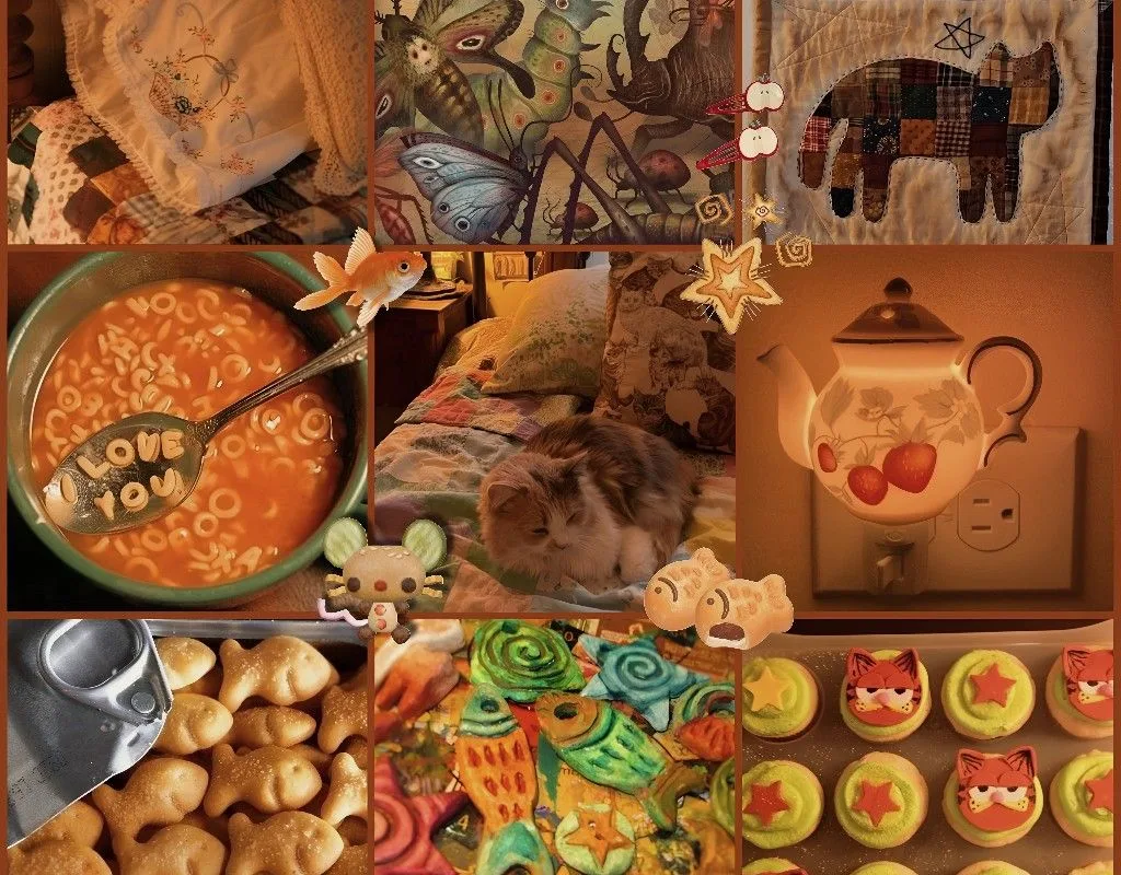 whimsy cozy cat moodboard
