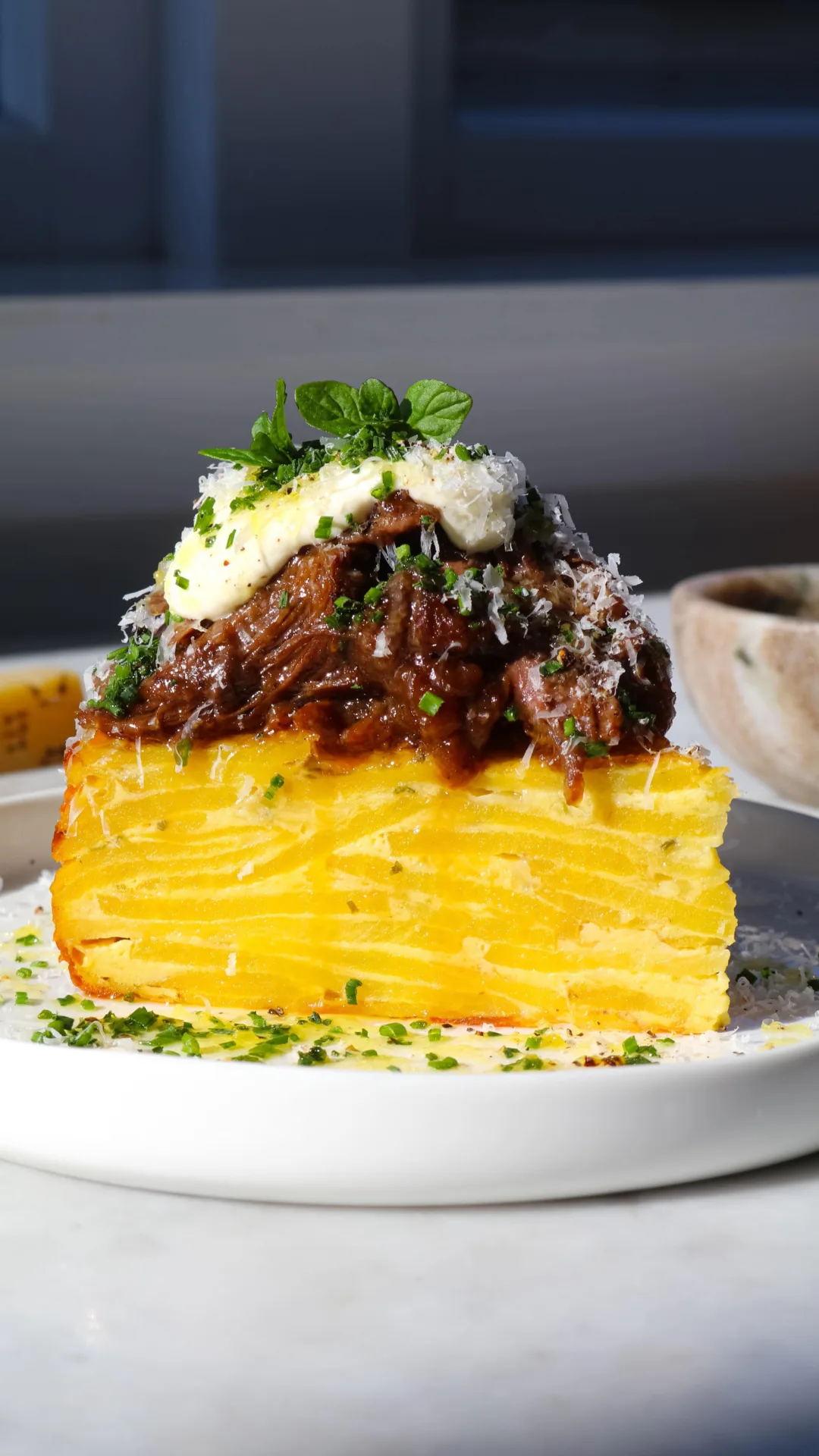 Saucy Honey & Miso French Onion Short Ribs with Sour Cream & Chives Potato Cake