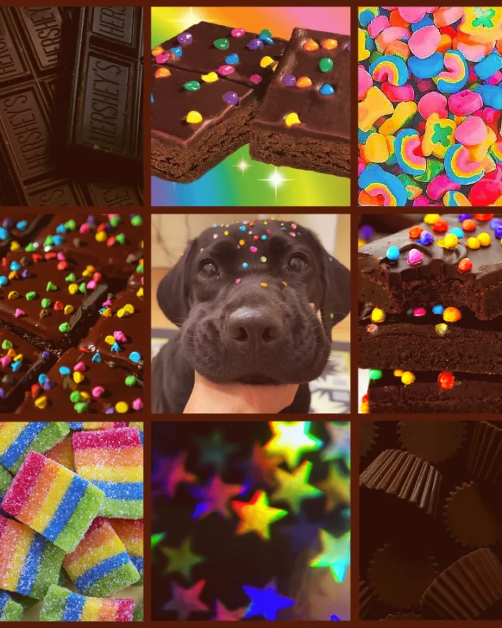 rainbow cosmic brownie dog moodboard