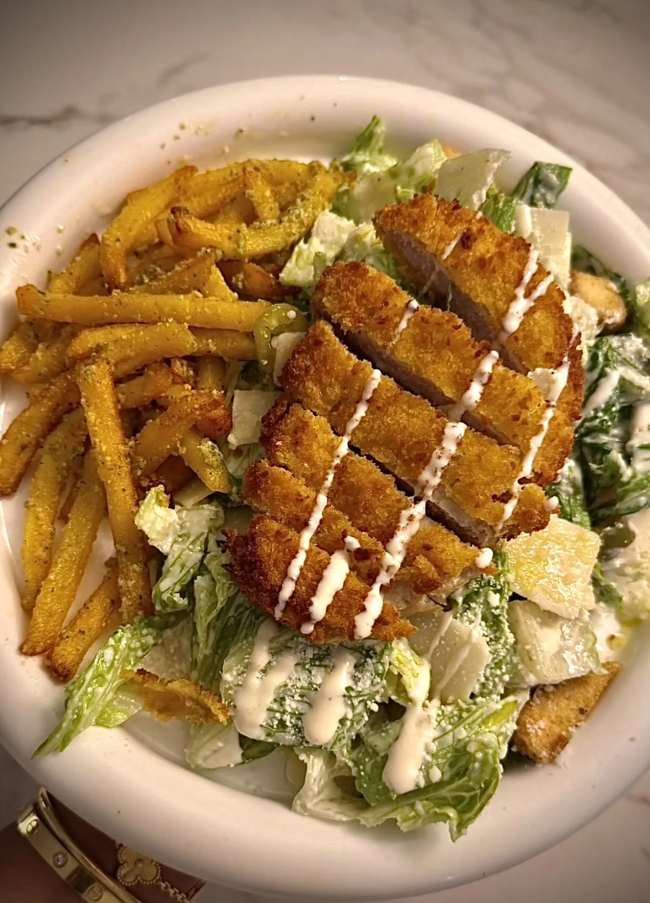 Marble Countertop Salad with Crispy French Fries