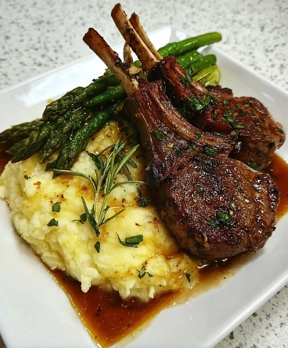 Garlic Herb Lamb Chops with Cheddar Mashed Potatoes & Asparagus