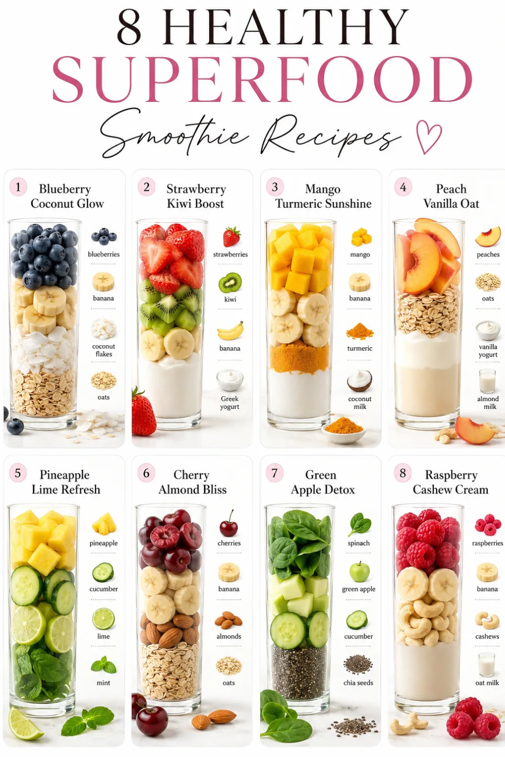 Discover 8 Healthy Superfood Smoothie Recipes packed with fresh fruit, oats