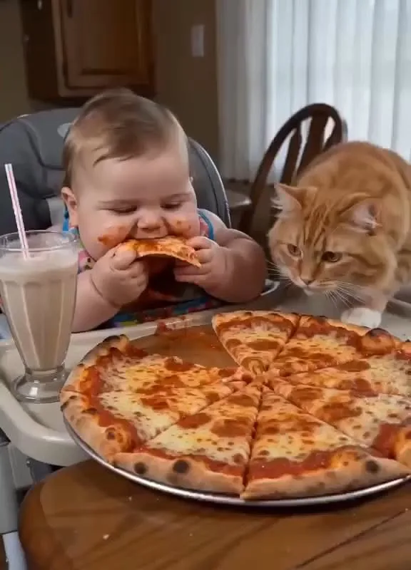 kind mit pizza und katze