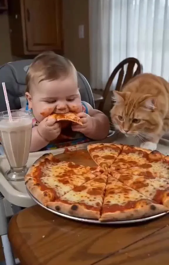 kind mit pizza und katze
