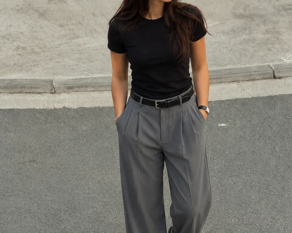 minimalist black tee wide leg trousers outfit