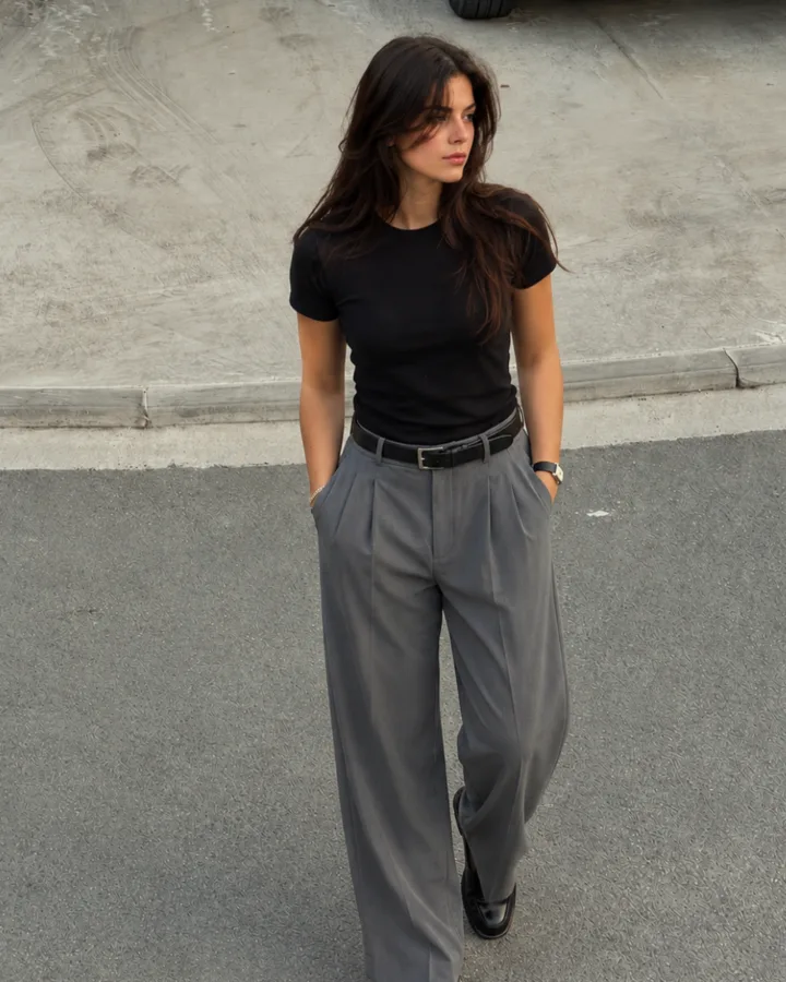 minimalist black tee wide leg trousers outfit