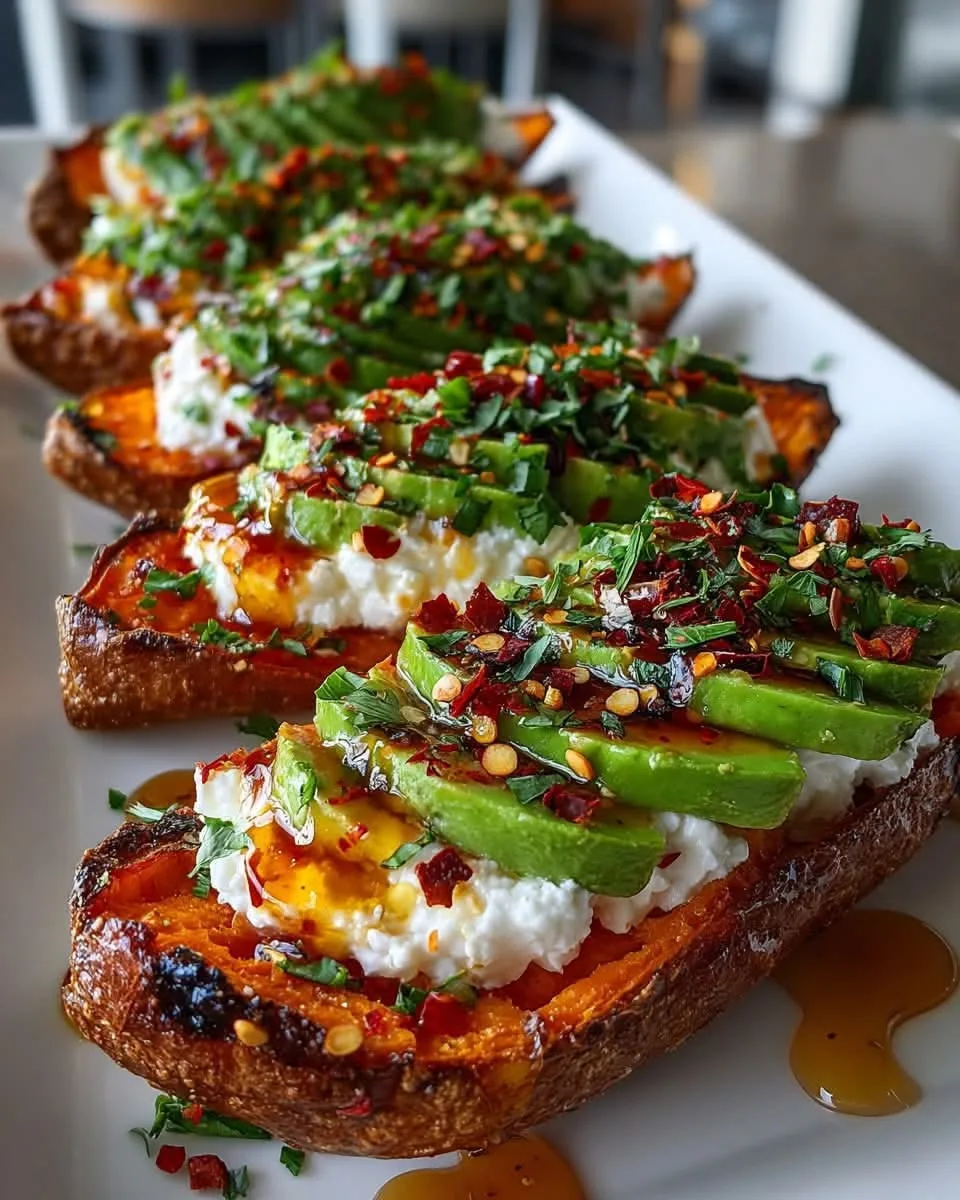 Mediterranean Loaded Sweet Potato Skins with Whipped Feta, Avocado & Chili