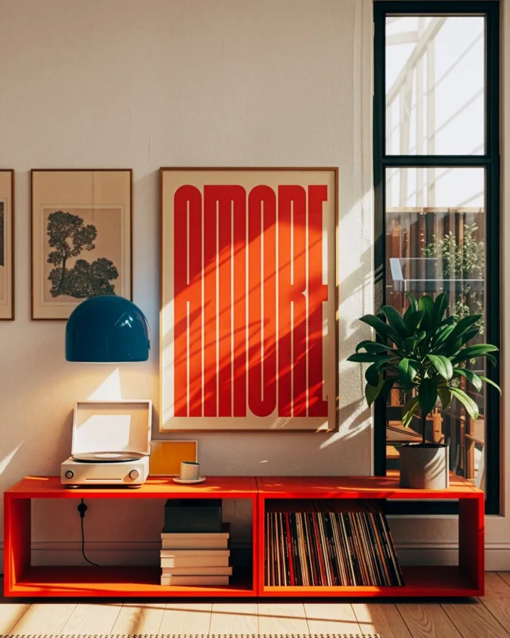 orange bookshelf living room