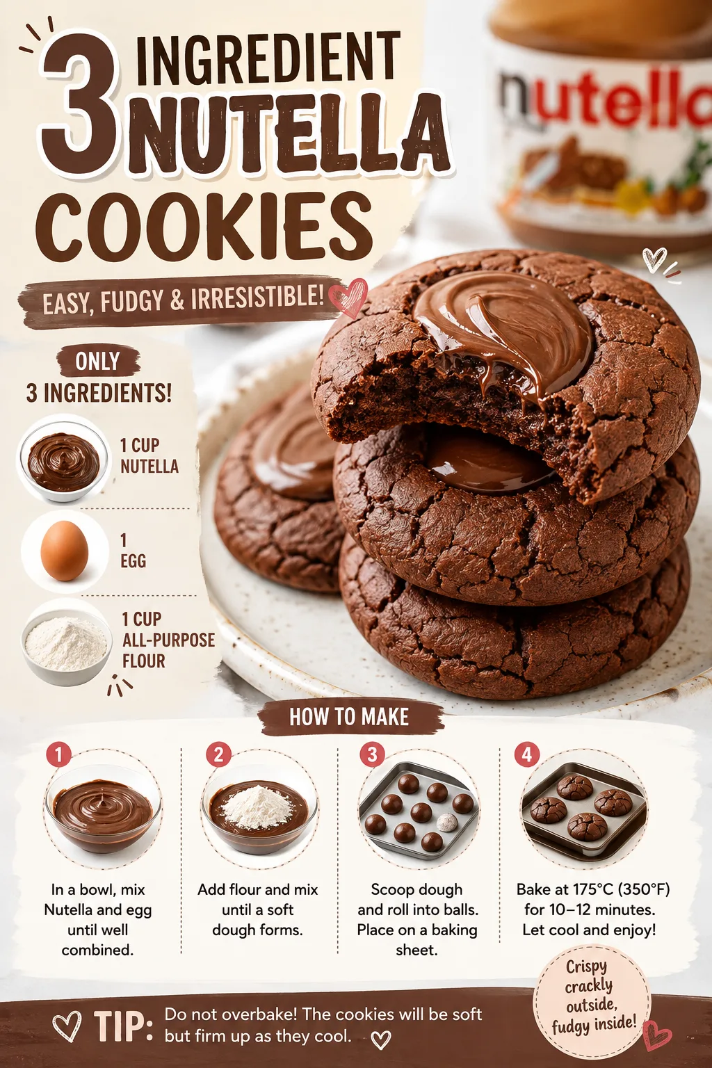 3-Ingredient Nutella Cookies 🍪🍫