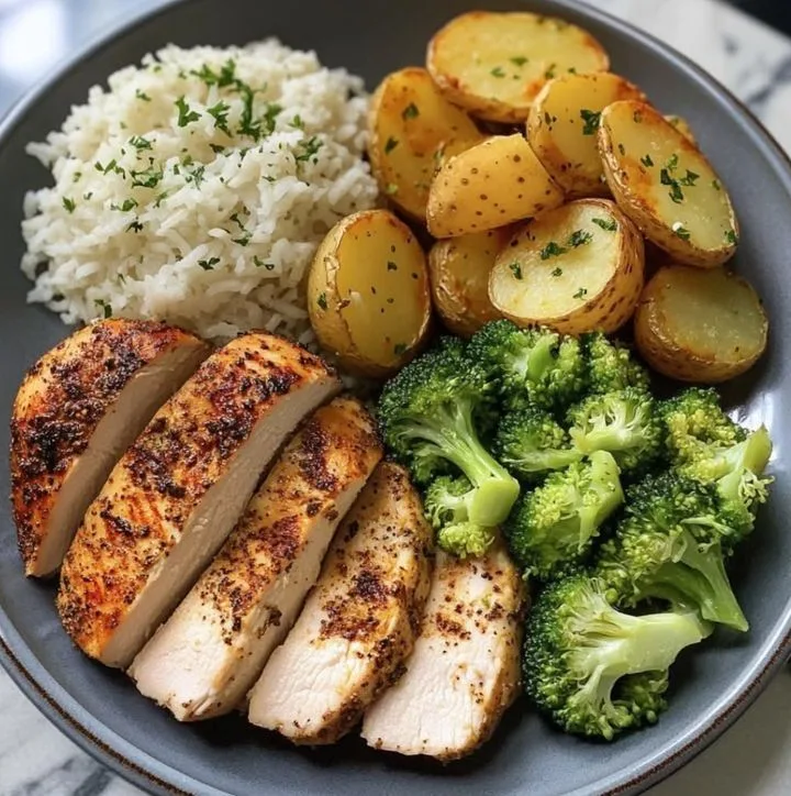 chicken potato broccoli plate with rice