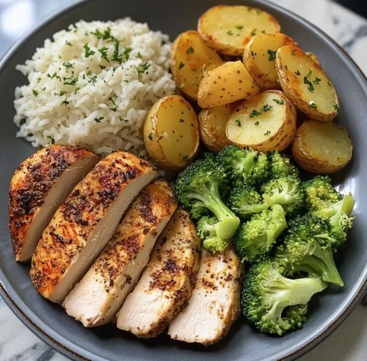 chicken potato broccoli plate with rice